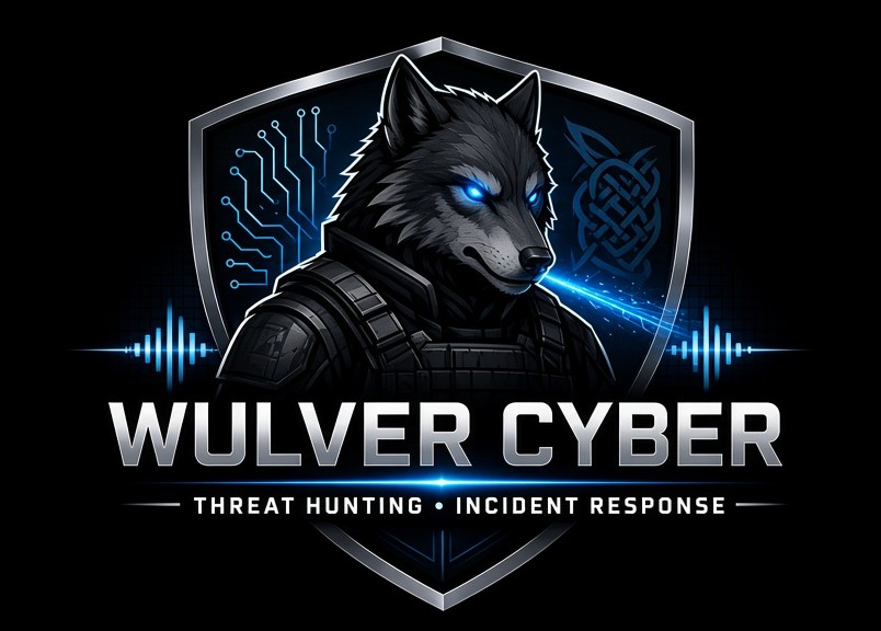 Wulver Cyber logo: an armored wolf on a chrome shield with circuit traces, Norse knotwork and blue waveforms, above the wordmark WULVER CYBER and the tagline Threat Hunting • Incident Response